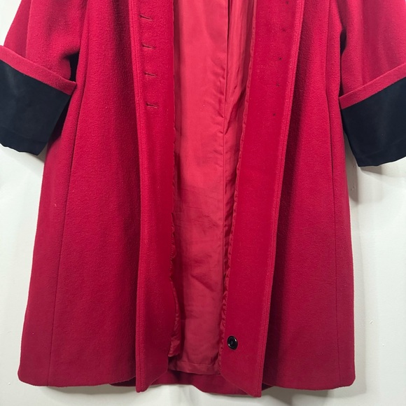 Vintage Sieberts Red/Black Trim Long Wool Flared Swing Coat Woman's Size 16 - Picture 6 of 15